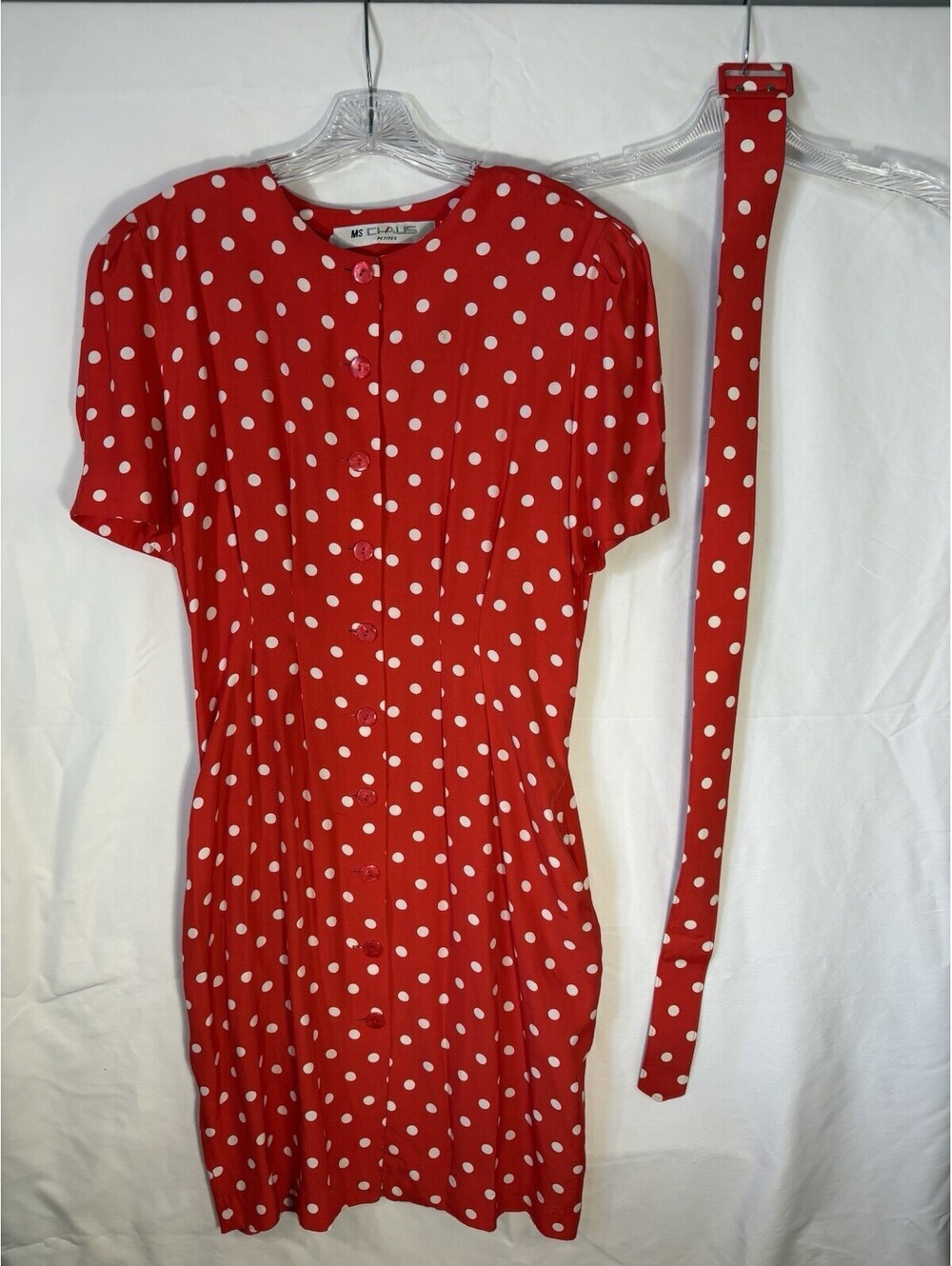 Vintage MS Chaus Petites Red White Polka Dot Belted Rayon Midi Dress Sz 14